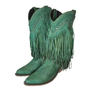 Liberty Black Green Suede Fringe Western Boots Womens 9 Boho Festival Cowboy